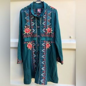 Johnny Was Turquoise Embroidered Coat